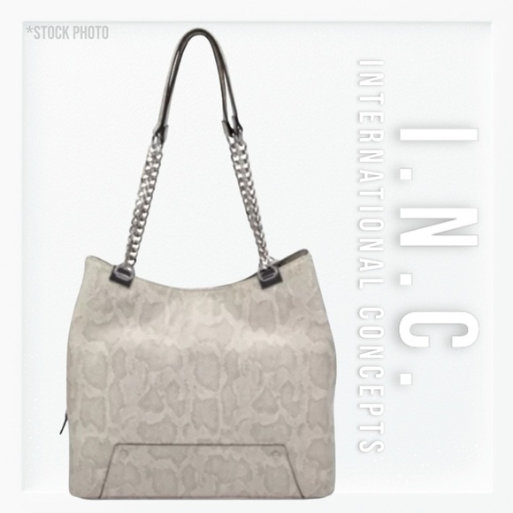 INC International Concepts Large Beige Faux Leather Chain Tote Bag - Picture 1 of 14